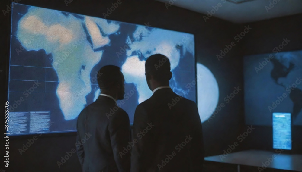 Black man in suit looking at a map depicting Africa. Black man in suit looking at a map depicting Africa.