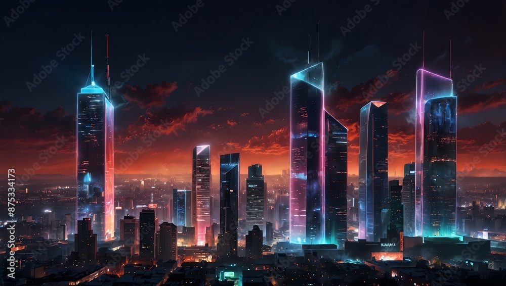 Fototapeta premium A skyline of holographic billboards, sleek skyscraper vai_generated