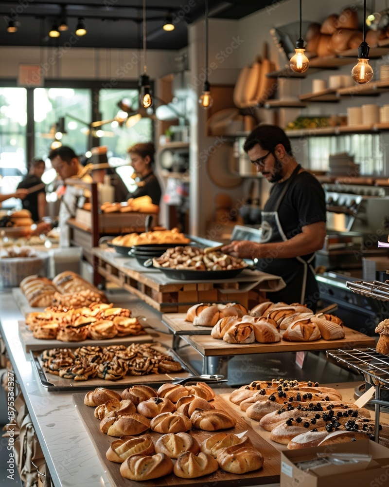 a man working behind a counter filled with pastries a man working behind a counter filled with pastries
