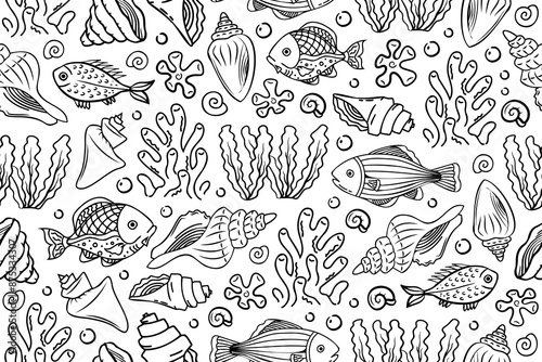 Hand drawn fishes, seashells and sea plants seamless line art pattern. Marine outline repeating pattern with underwater animals