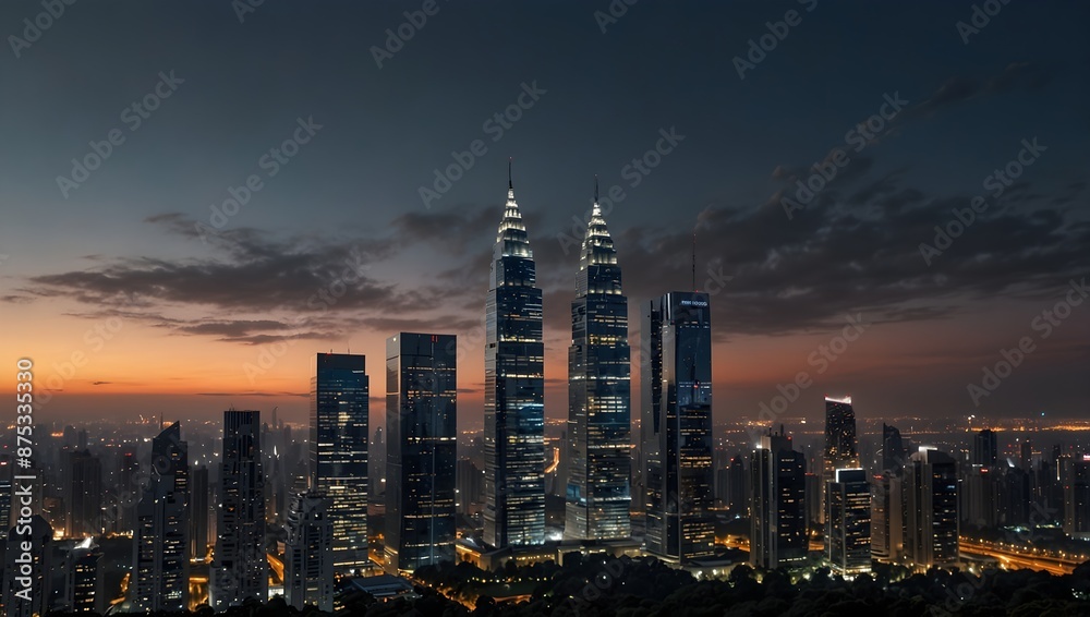 Obraz premium The heart of a metropolis cloaked in perpetual twilight, sleek skyscrapers glisten with the promise of tomorrow's technology ai_generated