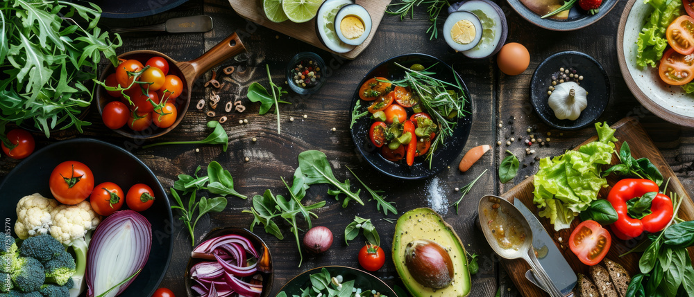 An overhead view of a vibrant assortment of fresh vegetables, herbs, and condiments arranged on a rustic wooden table, ready for preparation.