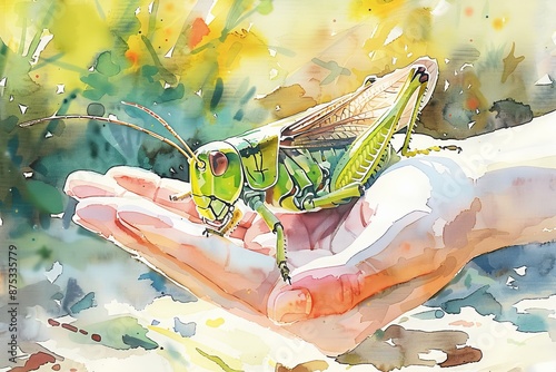 Detailed watercolor illustration of a green grasshopper delicately perched on a person s hand photo