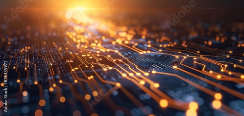 Abstract background featuring a circuit board and binary code on dark blue, enhanced with an orange light effect for a tech theme