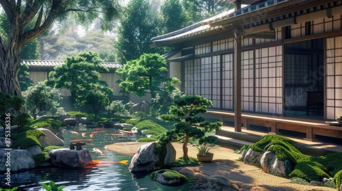 A traditional Japanese samurai residence with sliding paper doors and a peaceful garden with a koi pond and bonsai trees. photo