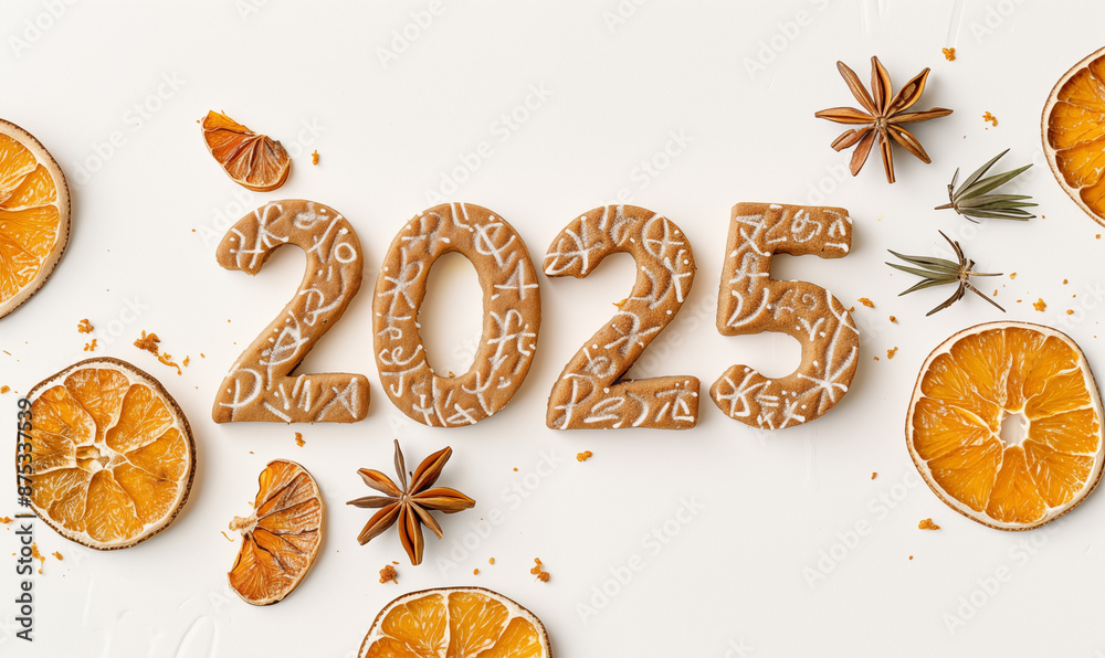 Christmas cookies in the form of numbers 2025 with oranges. Christmas cookies in the form of numbers 2025 with oranges.