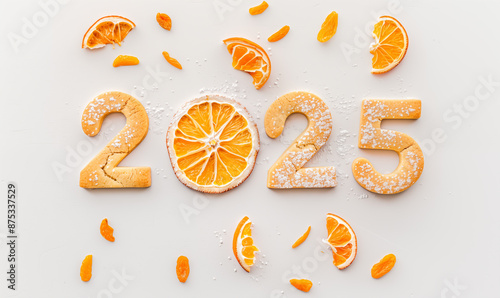 New Year's cookies in the form of numbers 2025 with oranges.