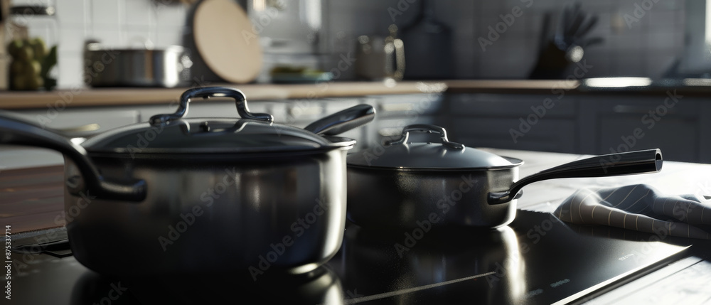 Modern kitchen setting with shiny stainless steel pots on a sleek stovetop, exuding a clean, refined, and contemporary culinary atmosphere. Modern kitchen setting with shiny stainless steel pots on a sleek stovetop, exuding a clean, refined, and contemporary culinary atmosphere.