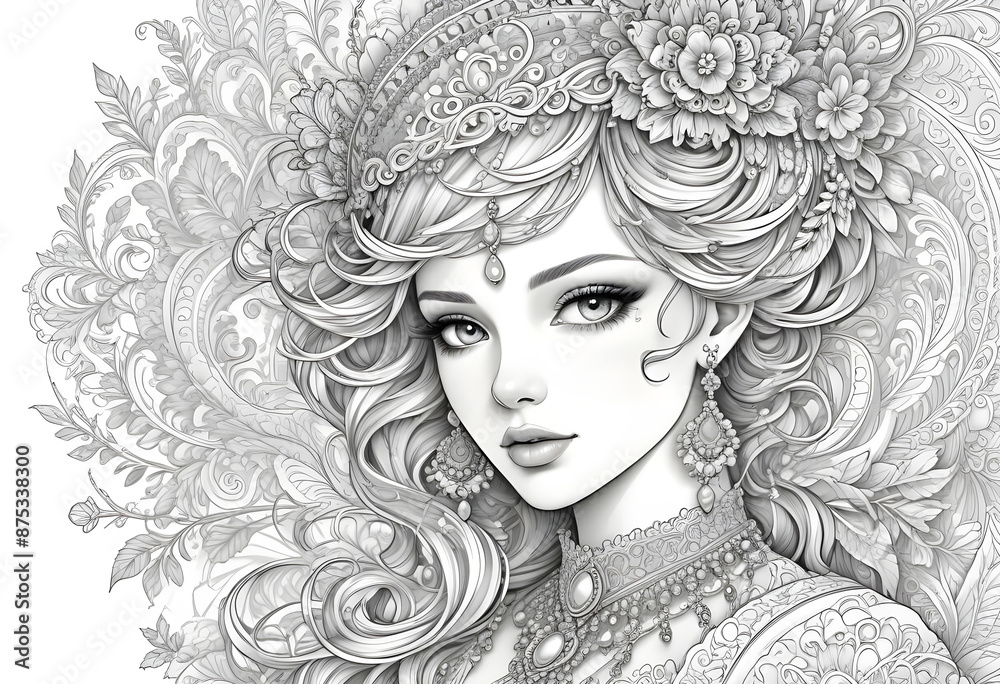 Elegant princess with flowers in her hair coloring page Elegant princess with flowers in her hair coloring page