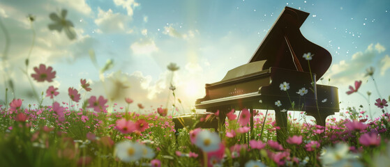 A grand piano sits amidst vibrant wildflowers in a sunlit meadow, blending music with nature's beauty.