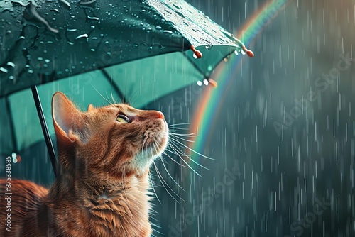 A cat looking at a rainbow after the rain, expressing hope, vibrant colors, semi-realistic, high detail photo