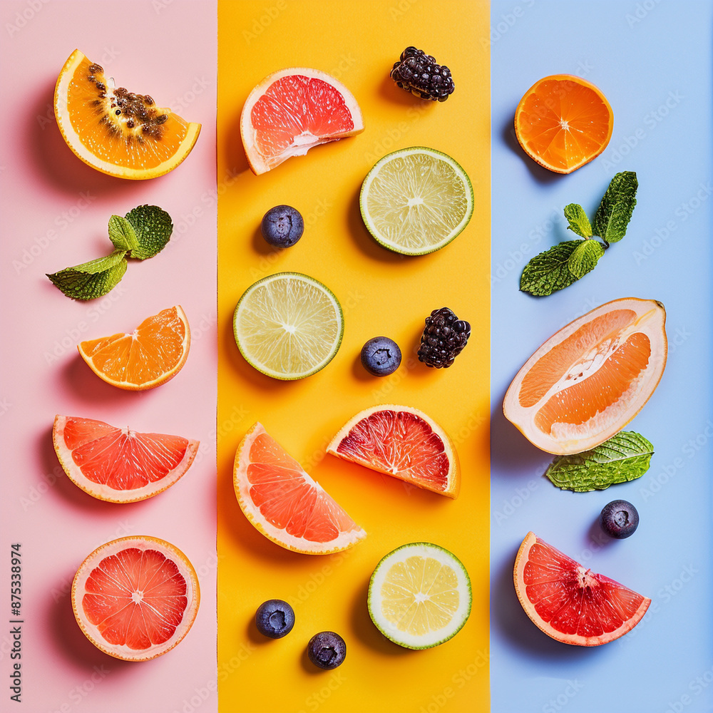 Sliced citrus fruits on a background of pastel coloured lines Sliced citrus fruits on a background of pastel coloured lines