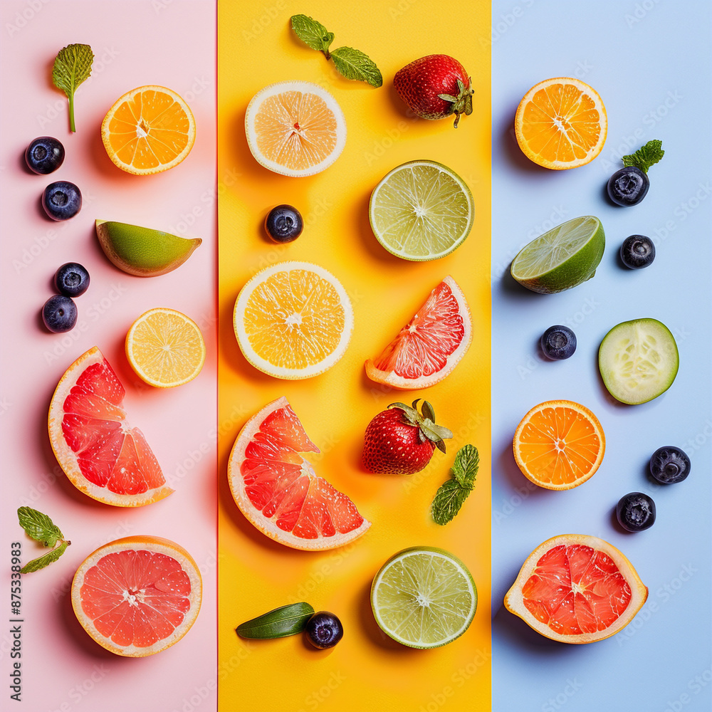 Sliced fruit on a background of pink, orange and pastel blue striped colours Sliced fruit on a background of pink, orange and pastel blue striped colours