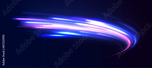 High speed concept in technological blue purple colors. Illustration of light ray, stripe line with blue light, speed motion background.	
