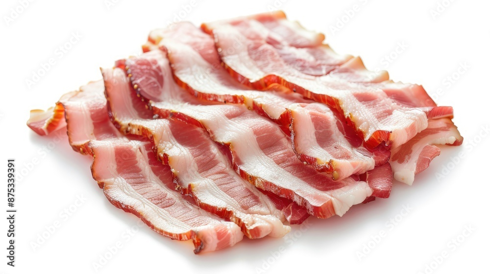 Obraz premium Fresh crispy bacon strips arranged in a pile, isolated on a white background. Perfect for breakfast and culinary presentations.