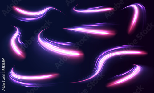 Lines in the shape of a comet against a dark background. Vortex streams of neon light. Big set of light neon lines in the form of swirl and spirals. 