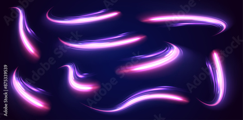 Big set neon line as speed or arc, turn, twist, bend in light effect. Futuristic dynamic motion technology. Neon color glowing lines background, high-speed light trails effect.