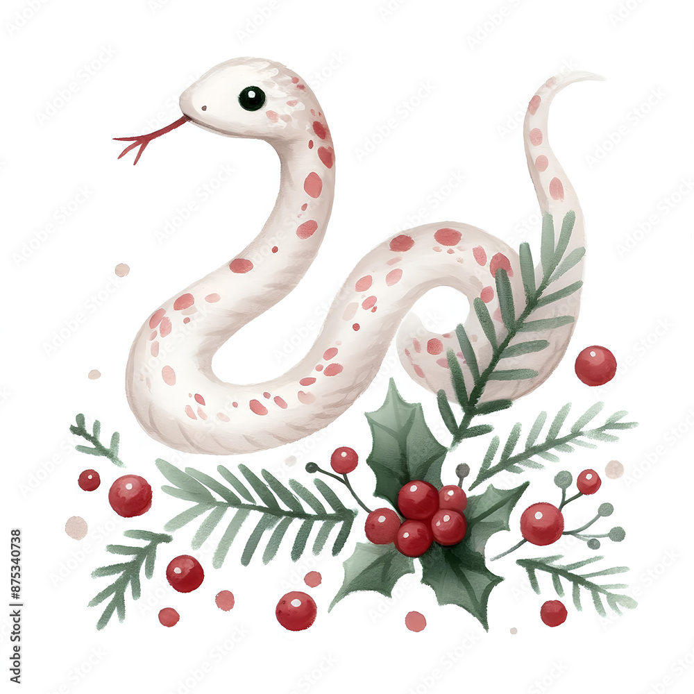 Naklejka premium Watercolor painting of snake christmas theme on​​ white background