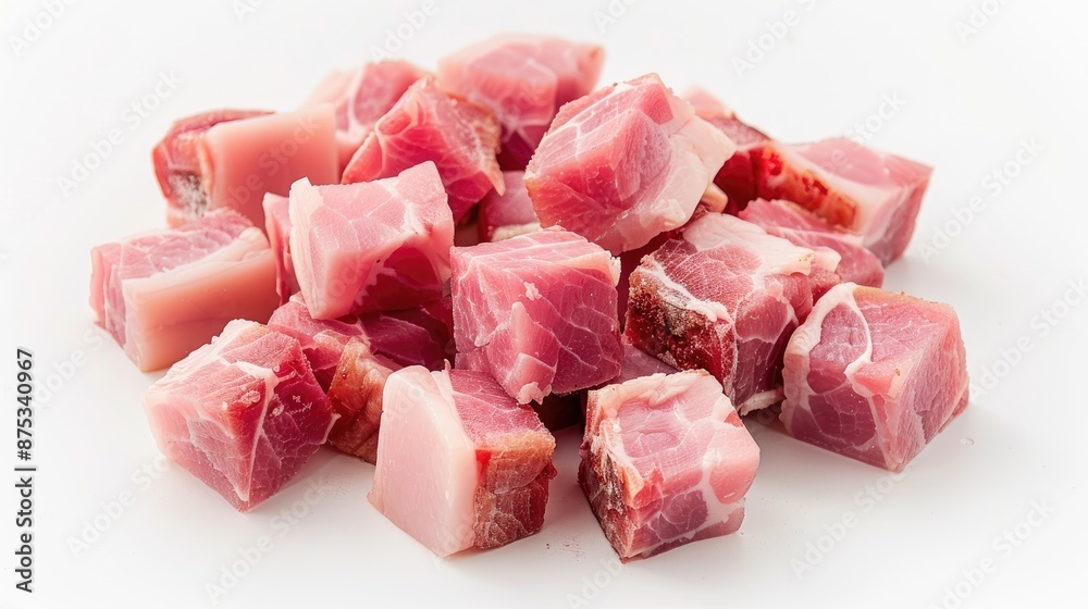 Fresh raw diced pork pieces on a white background, ready for cooking. Perfect for recipes like stews, stir-fries, and more. Fresh raw diced pork pieces on a white background, ready for cooking. Perfect for recipes like stews, stir-fries, and more.