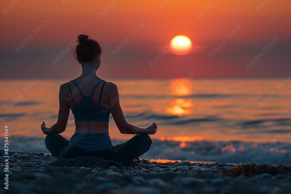 Woman Meditating on Beach at Sunset Woman Meditating on Beach at Sunset