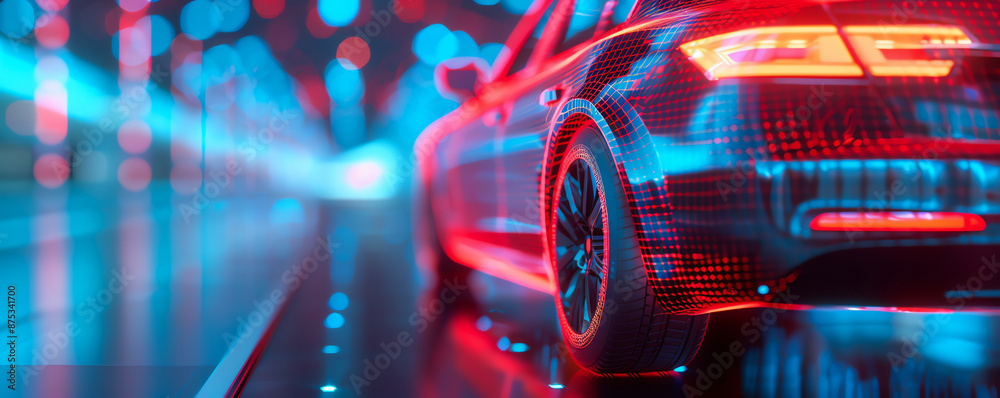A futuristic car illuminated with blue and red lights in a high-tech environment, depicting advanced technology and innovation. A futuristic car illuminated with blue and red lights in a high-tech environment, depicting advanced technology and innovation.
