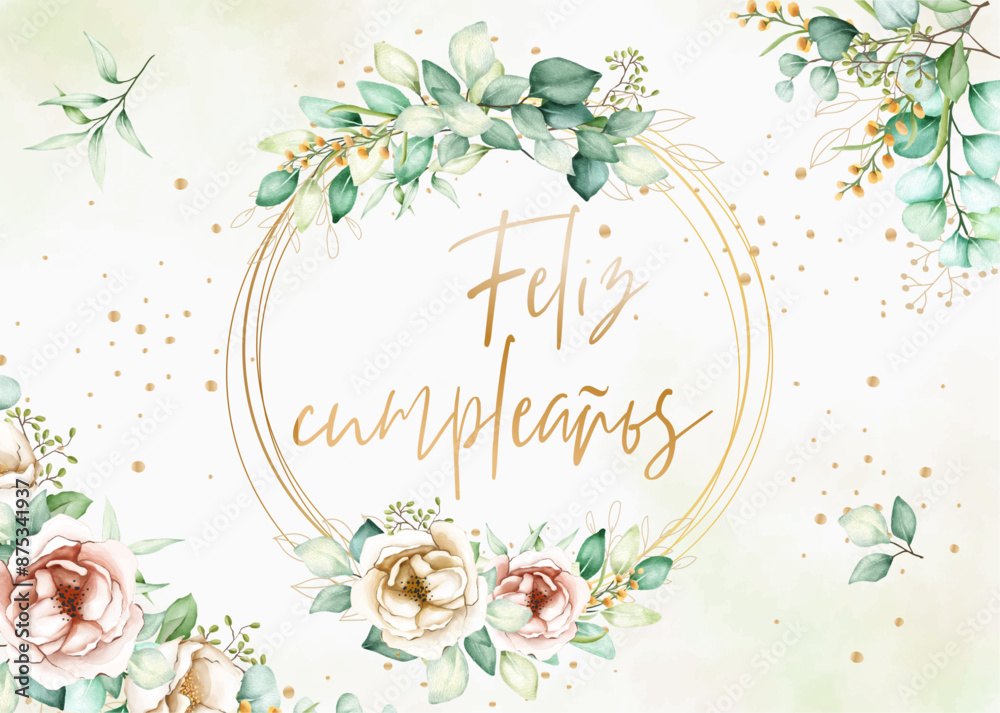 tarjeta o pancarta para desear un feliz cumpleaños en oro en varios círculos dorados con flores y hojas sobre un fondo degradado blanco y crema