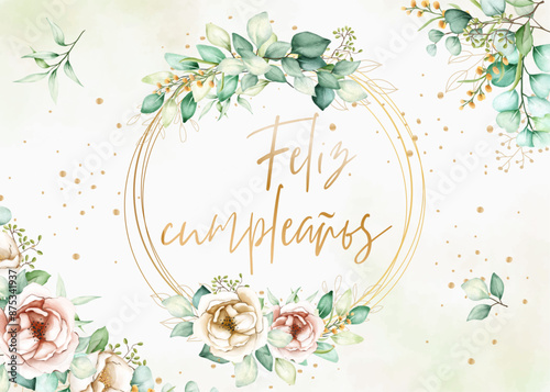 Obraz na płótnie tarjeta o pancarta para desear un feliz cumpleaños en oro en varios círculos dorados con flores y hojas sobre un fondo degradado blanco y crema w salonie