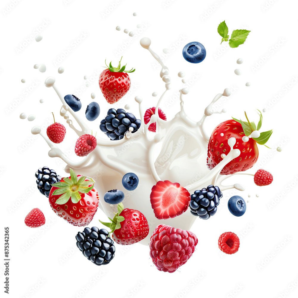 Assortment of fresh berries splashing into white milk, yoghurt, smoothie, or cream, cut out Assortment of fresh berries splashing into white milk, yoghurt, smoothie, or cream, cut out