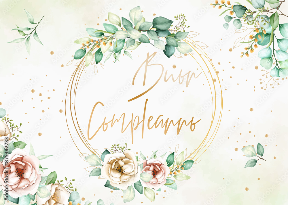 biglietto o striscione per augurare un felice compleanno in oro in diversi cerchi color oro con fiori e foglie su uno sfondo sfumato bianco e crema