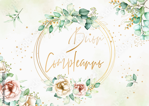 Obraz na płótnie biglietto o striscione per augurare un felice compleanno in oro in diversi cerchi color oro con fiori e foglie su uno sfondo sfumato bianco e crema w salonie