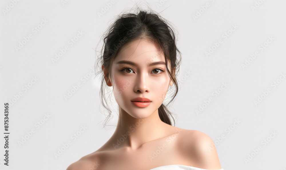 Elegant Portrait of a Young Asian Woman with natural makeup, clear skin, and expressive eyes against a plain background. Elegant Portrait of a Young Asian Woman with natural makeup, clear skin, and expressive eyes against a plain background.