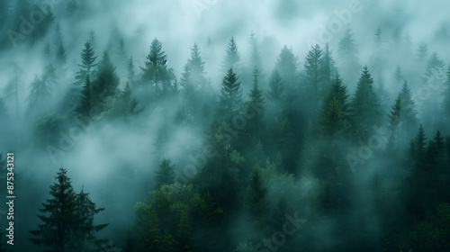 Mist Landscape Beautiful scene, forest and mountain, the morning fog at sunrise