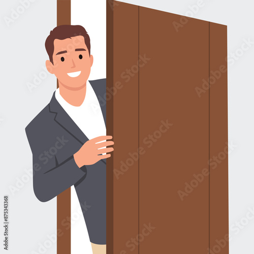 Young man enters a room at home. Flat vector illustration isolated on white background