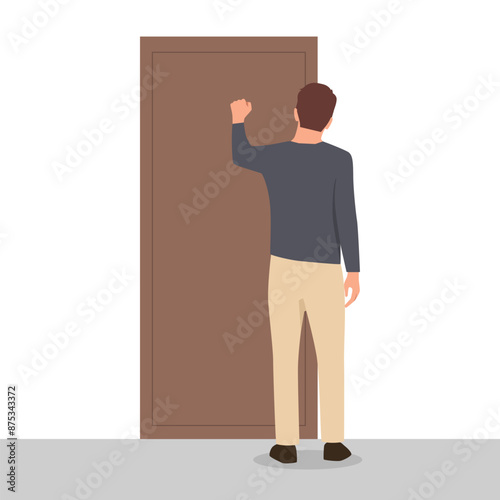 Man knocks on door when comes to visit friend or company office to get job. Flat vector illustration isolated on white background