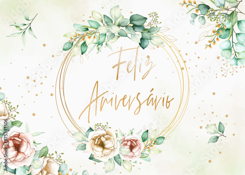 cartão ou banner para desejar feliz aniversário em dourado em vários círculos dourados com flores e folhas sobre fundo gradiente branco e creme