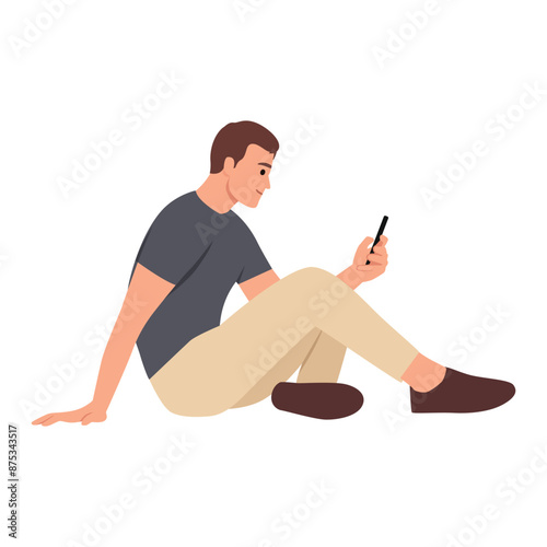 Young man sit on floor using modern smartphone. Flat vector illustration isolated on white background