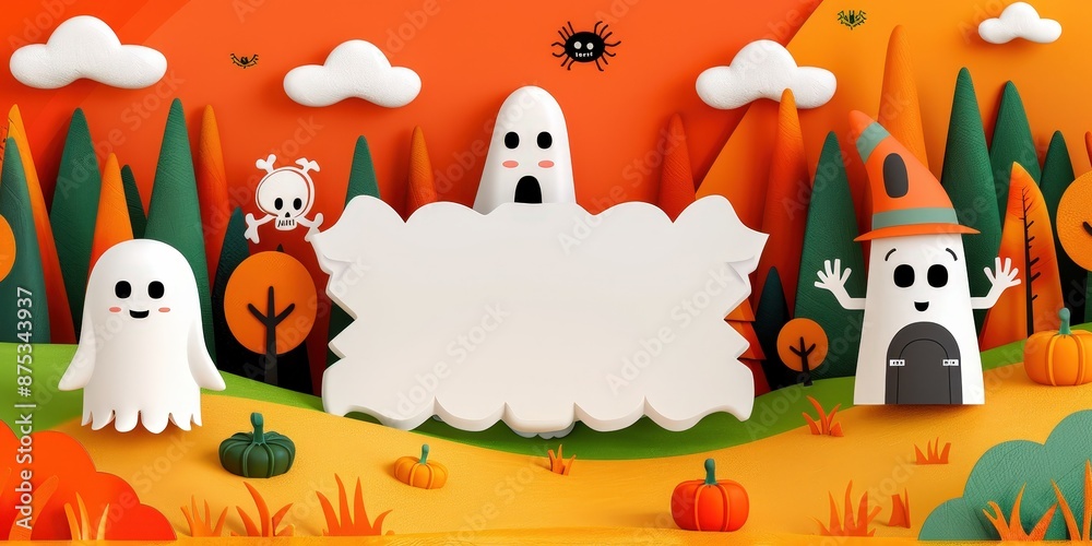 Obraz premium Halloween Cartoon Illustration with Ghosts and a Haunted House