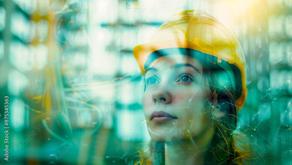 A double exposure of an engineer wearing a helmet and a factory, a female portrait with blue eyes looking at the camera in the background. A double exposure of an engineer wearing a helmet and a factory, a female portrait with blue eyes looking at the camera in the background.