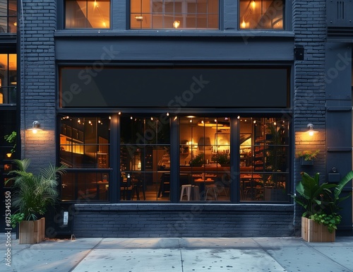 Photograph of black modern restaurant facade with large windows in new york city at night, with plants and warm lighting inside, front view