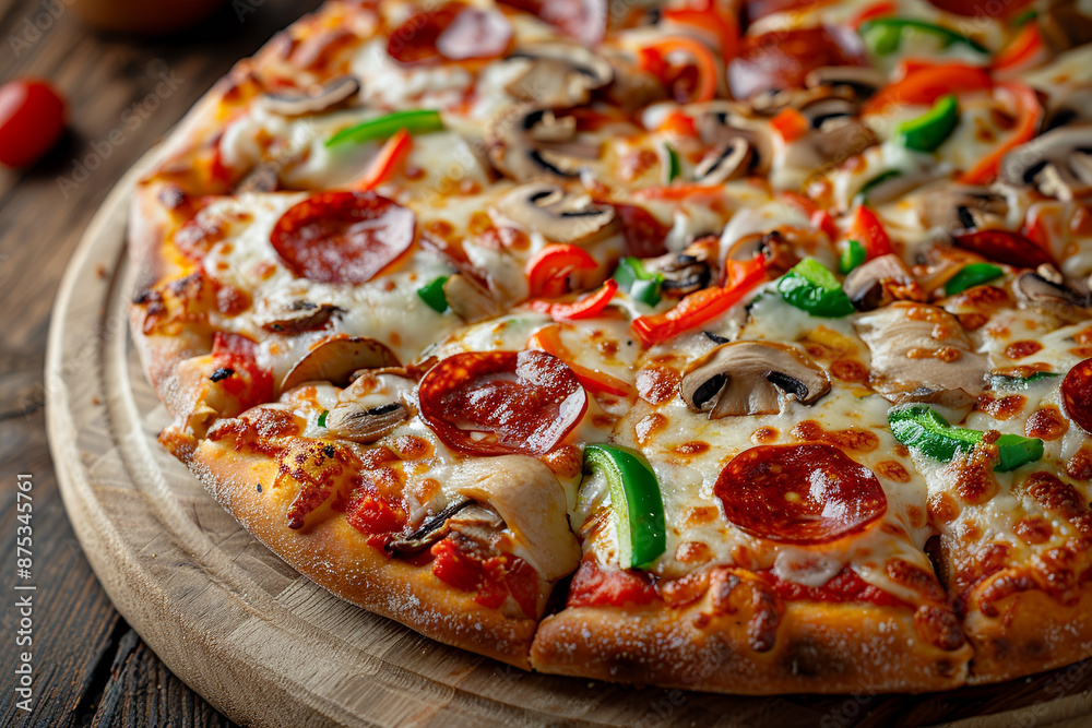 A pizza with pepperoni, mushrooms, and peppers on a wooden board A pizza with pepperoni, mushrooms, and peppers on a wooden board