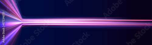 Neon color glowing lines background, high-speed light trails effect. Shining lights in motion with small particles. Vector swirl trail effect. 