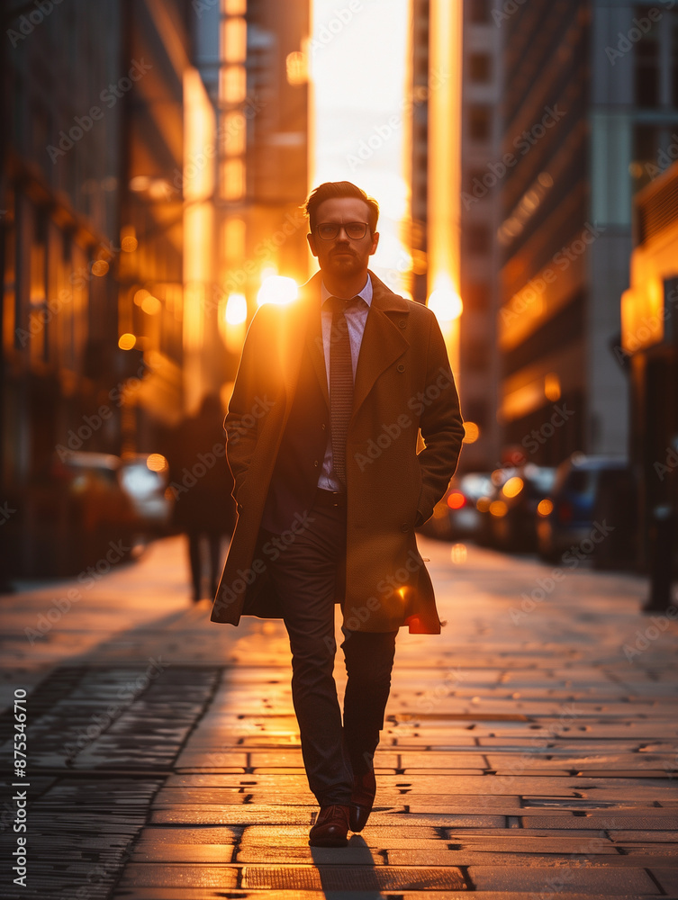 A silhouetted figure walks down an urban street at sunset, bathed in the warm golden light of the setting sun A silhouetted figure walks down an urban street at sunset, bathed in the warm golden light of the setting sun