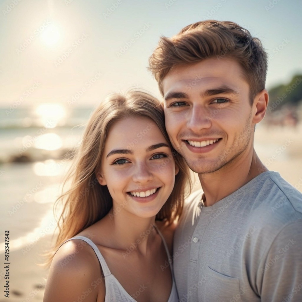 Young couple on the beach. They smile. Sun, summer, sea, sand Young couple on the beach. They smile. Sun, summer, sea, sand