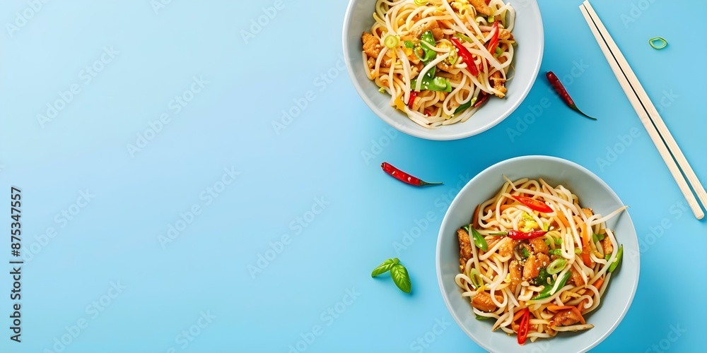 Overhead shot of two bowls of classic Chinese stirfry noodles on blue background. Concept Chinese Cuisine, Food Photography, Overhead Shots, Vibrant Colors, Delicious Noodles