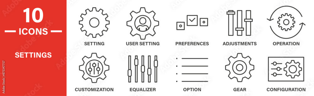Settings icon set. Includes setting, user setting, preferences ...