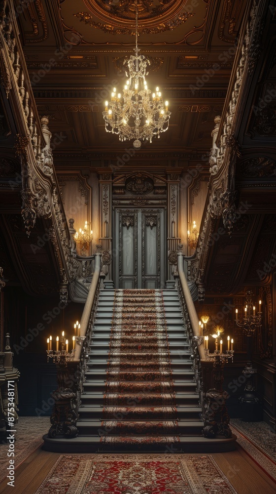 Grand Medieval Castle Staircase with Chandeliers Grand Medieval Castle Staircase with Chandeliers