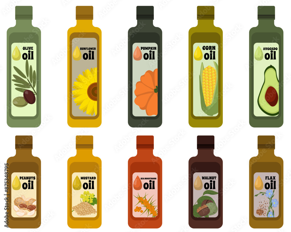 Set of bottles with vegetable oils, various healthy food products from plants and their seeds Set of bottles with vegetable oils, various healthy food products from plants and their seeds