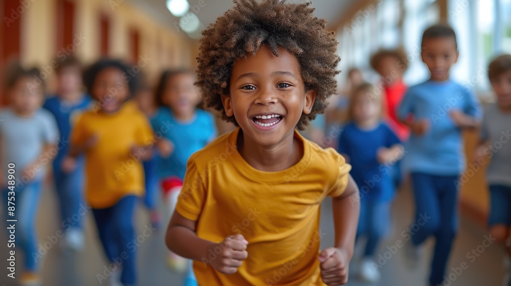 Dynamic School Environment: Children Racing Down Bright Hall Dynamic School Environment: Children Racing Down Bright Hall
