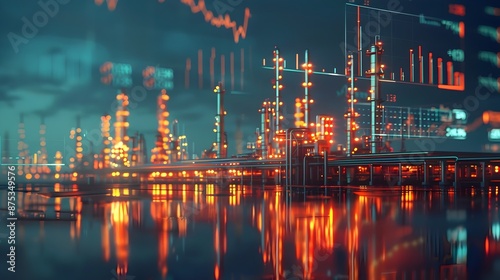 Blurred Refinery with Fluctuating Price Data in the Background