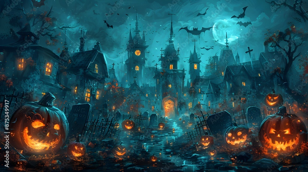Obraz premium Spooky Halloween Graveyard with Glowing Pumpkins and Eerie Supernatural Atmosphere